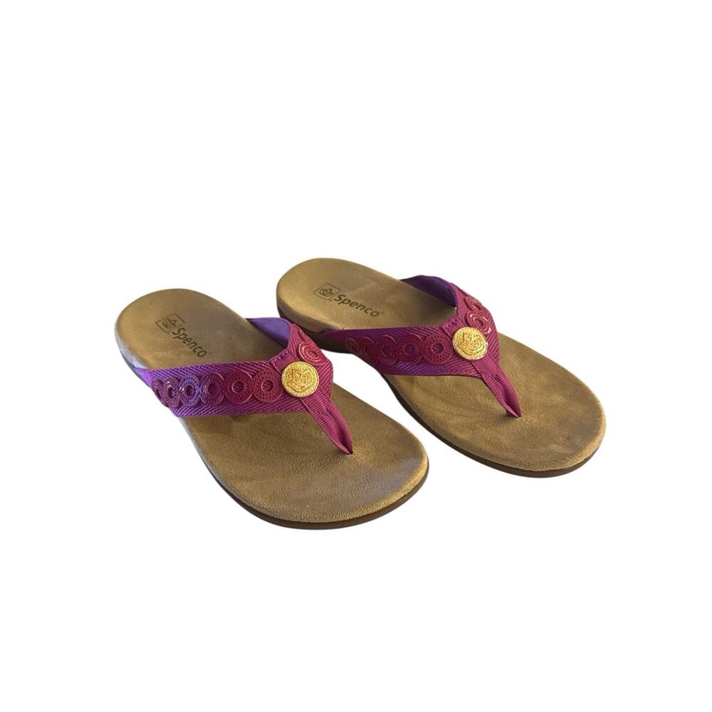 Spenco Tierra Sandals Thong Festive Fuschia Fabric Paten Leather Accent Size 8.5 - Picture 8 of 10